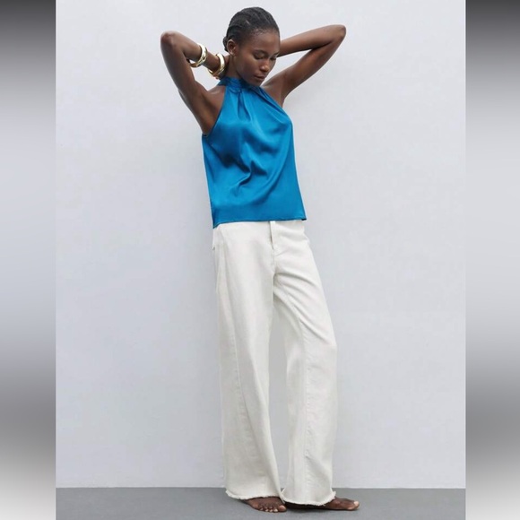 Teal Blue Satin Halter Blouse Top - Picture 12 of 15